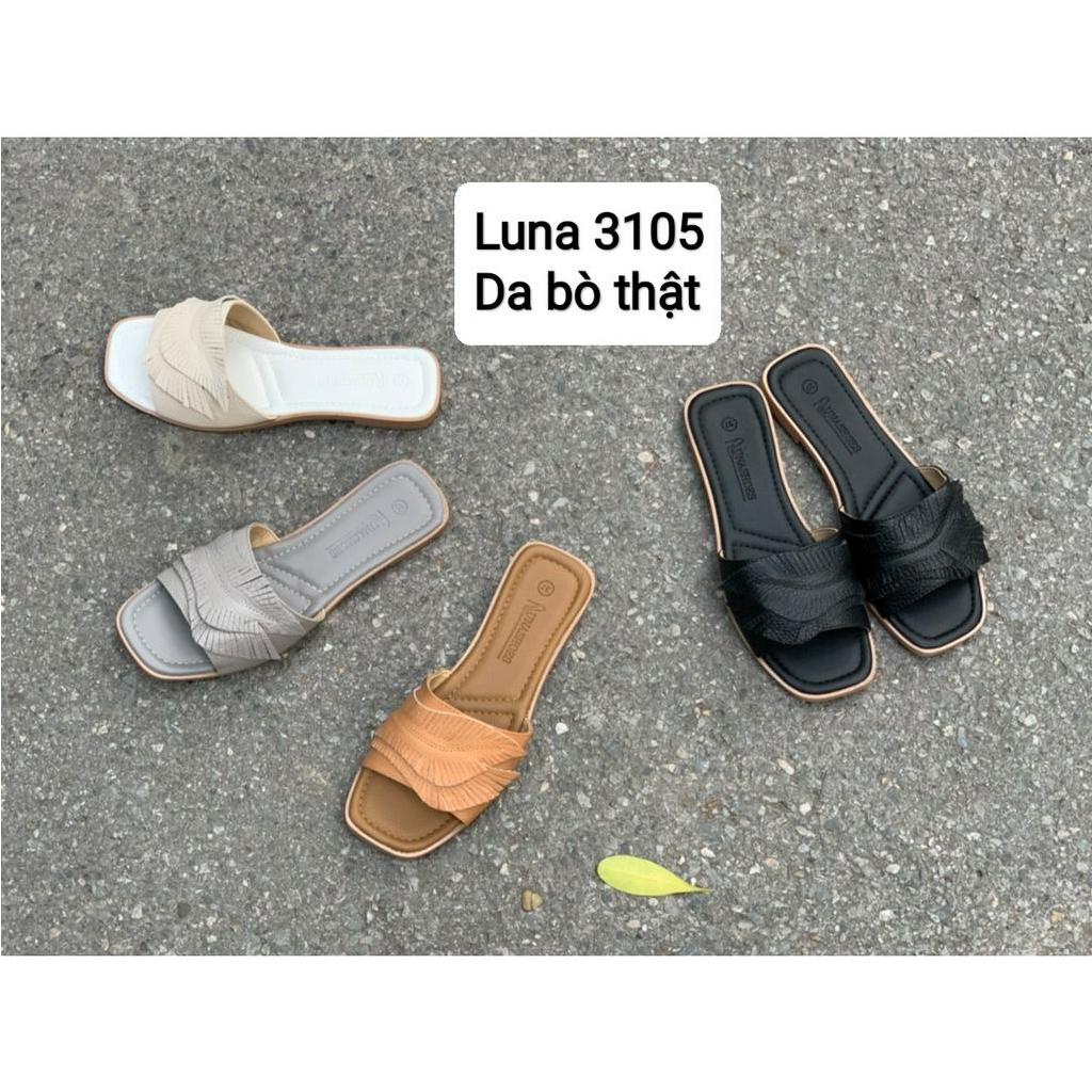 Dép nữ quai ngang đế bệt LUNASHOES 3105 da bò mềm êm chân mũi hở chống nước bảo hành lên tới 2 năm