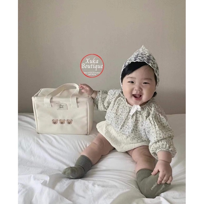 Túi Giữ Nhiệt Ủ Bình Sữa Cho Bé Họa Tiết Gấu Vải Cavans Organic Xuất Hàn Cao Cấp