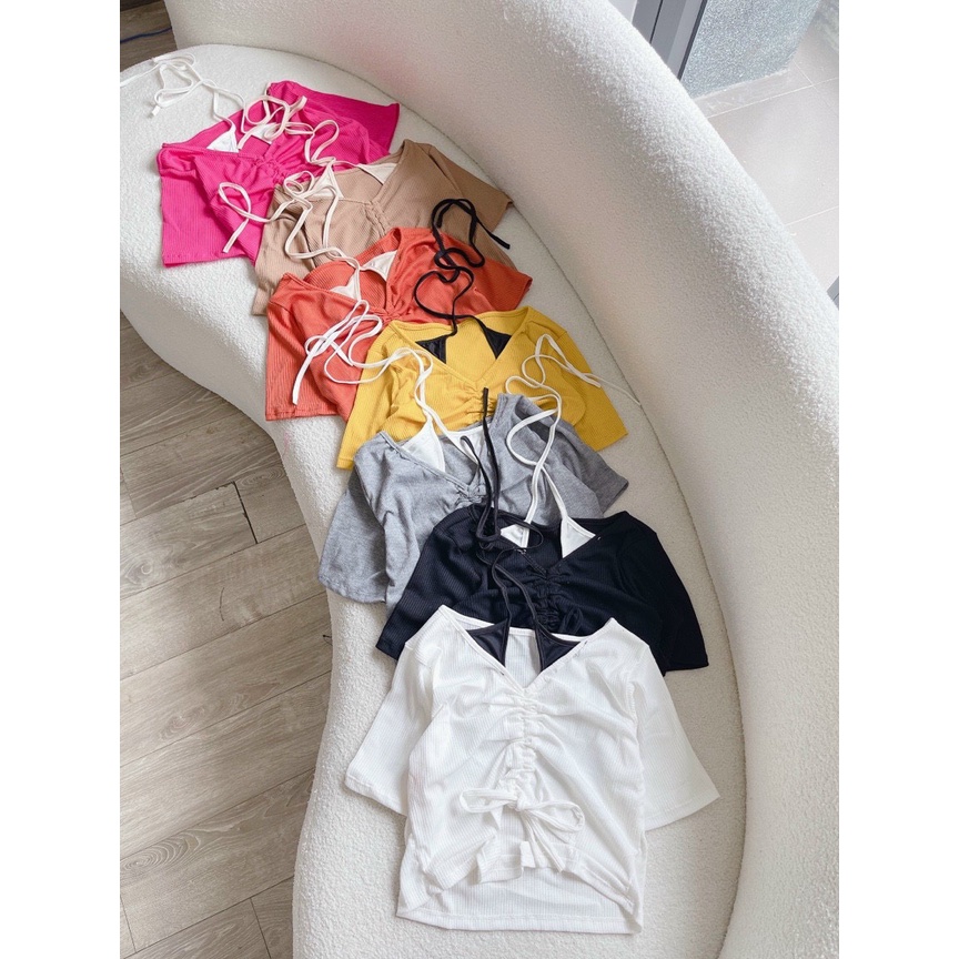 Áo croptop cổ yếm tay ngắn rút dây ngực phong cách Hàn Quốc