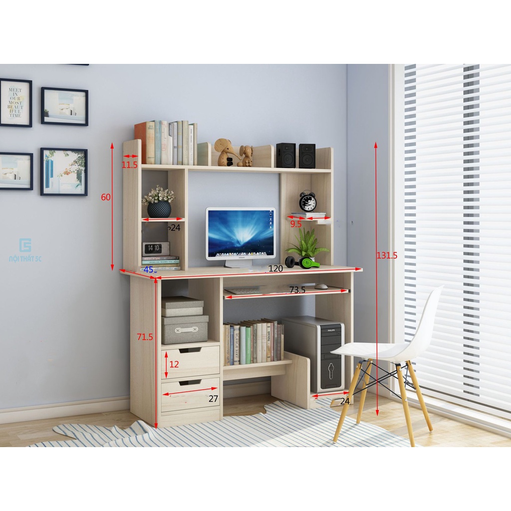 Bàn học tập làm việc lắp ghép kèm giá để sách tiện lợi, bàn máy tính gỗ MDF dễ lau chùi có hộc tủ lưu trữ đồ
