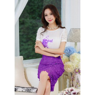 Sét áo in họa tiết chiếc giầy + chân váy ren màu tím cao cấp