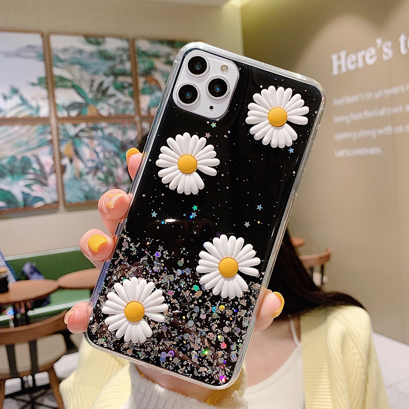 iPhone 12 Mini 11 Pro Max 6 6s 7 8 Plus + SE 2 SE2 2020 Case Soft Daisy Flower Star Glitter Sequins Transparent Silicone Cover
