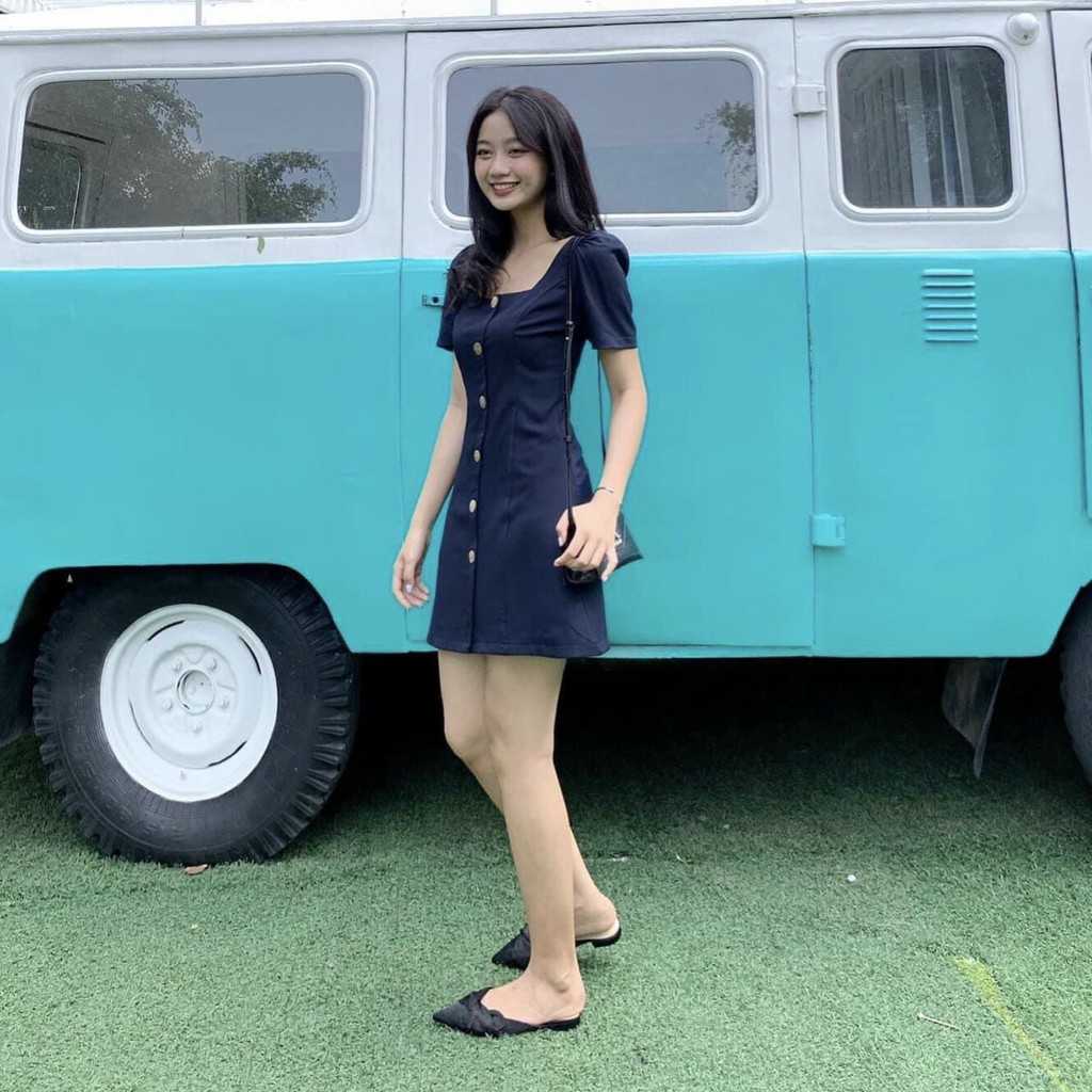 ĐẦM CỔ VUÔNG TAY NGẮN VẢI DÀY 6 NÚT GỖ - dáng chữ A - Sky Of Love Official | BigBuy360 - bigbuy360.vn