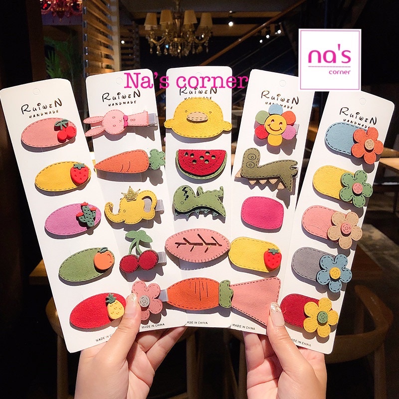 Bộ 5 kẹp tóc mỏ vịt dễ thương cho bé gái hình hoa thỏ khủng long trái cây