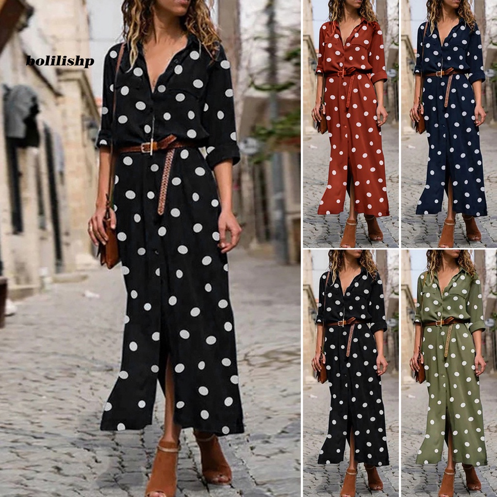 Đầm Maxi Dài Tay Cổ Bẻ Cài Nút Họa Tiết Chấm Bi