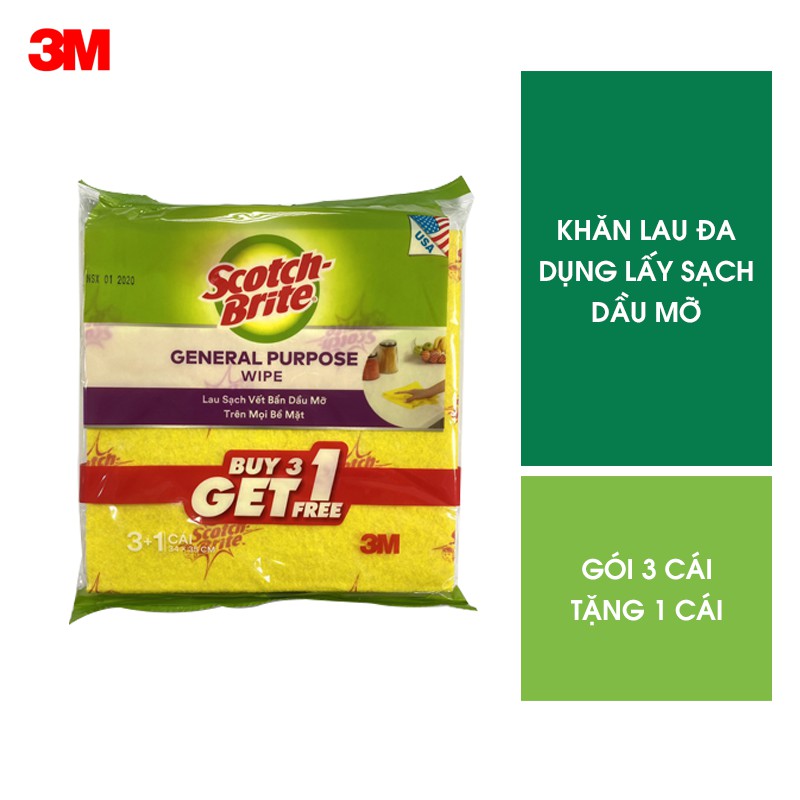 &lt;TIẾT KIỆM&gt; Combo 4 Khăn lau đa năng không trầy xước Scotch-Brite (Cót rai) 3M 34x35cm