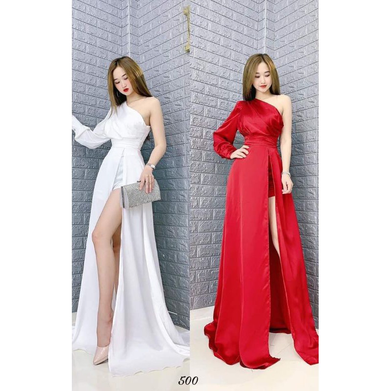 váy đầm dạ hội phi lụa lệch vai
