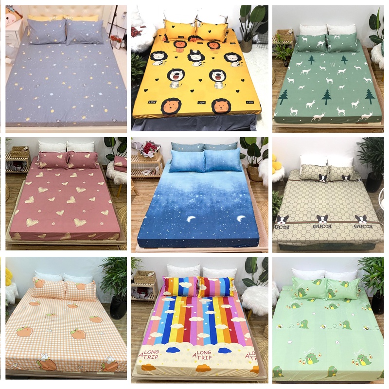 Bộ ga giường vỏ gối Cotton Poly 1m2 1m4 1m6 1m8 2m2, Bộ ga gối drap giường Hàn Quốc (Miễn Phí Bo Chun) - Lá Xanh Decor