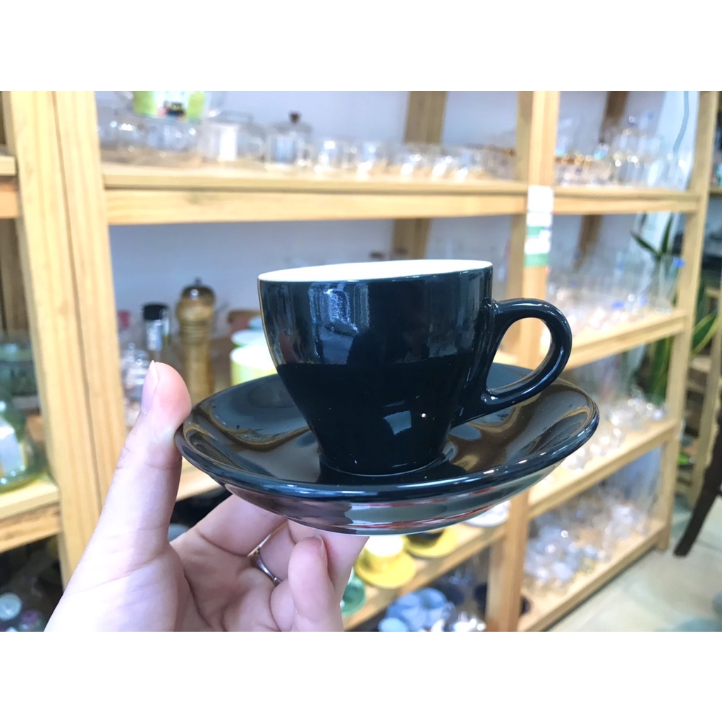 Bộ ly cốc tách sứ cafe CAPUCHINO - 250ml  ESPRESSO - 70ml màu đen bóng gốm sứ cao cấp Bát Tràng