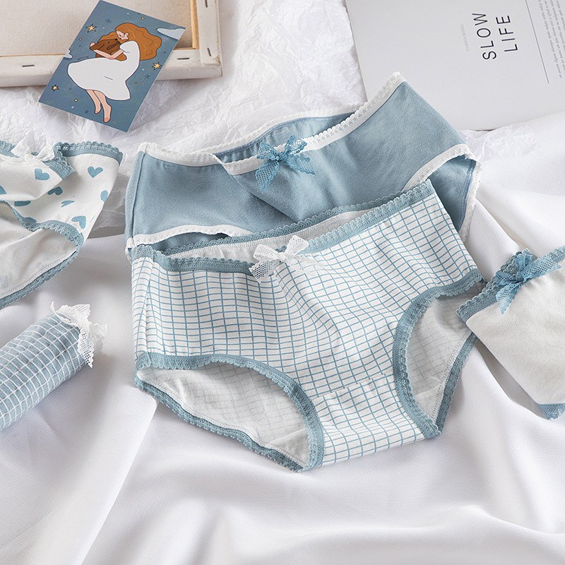 Quần Lót Nữ Cotton ❤️️FREESHIP❤️️ Quần Lót Nữ Set tim xanh viền bèo- Quần Lót Nữ thoáng mát tôn dáng mã 8018