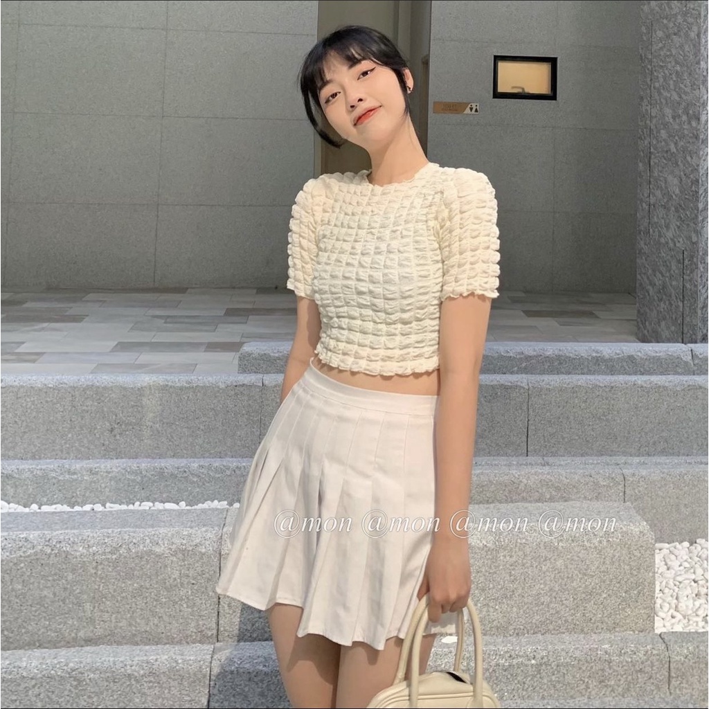 Áo croptop xốp ô vuông nữ, croptop ôm body tay ngắn mềm mại co giãn nhẹ 4 chiều phong cách năng động