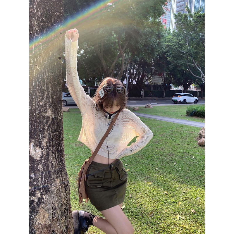 Cocory vn Set Áo Len Tay Dài Phối Chân váy jean Thời Trang Cho Nữ