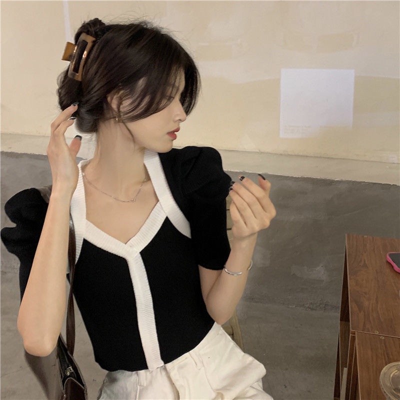 Áo Sweater Tay Phồng Ngắn Cổ V Màu Đen Thời Trang Mùa Hè Dành Cho Nữ 2022