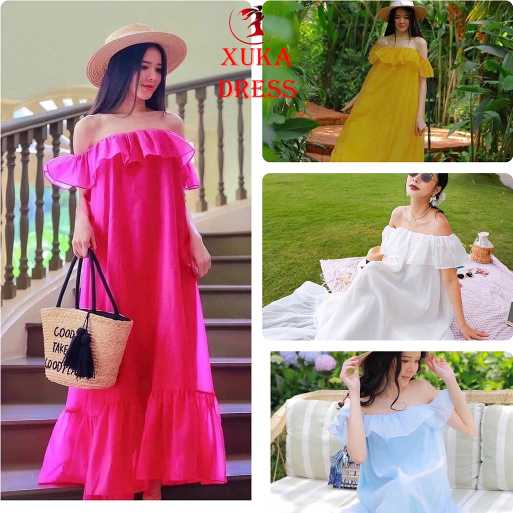 Váy đầm maxi bèo trễ vai 4 màu siêu xinh thải dáng đẹp 2 lớp XUKA DRESS DT008 có ảnh thật kèm video