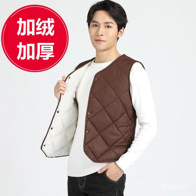 Áo khoác phao sát nách vải cotton phối lông cừu dày giữ ấm mùa đông cho nam