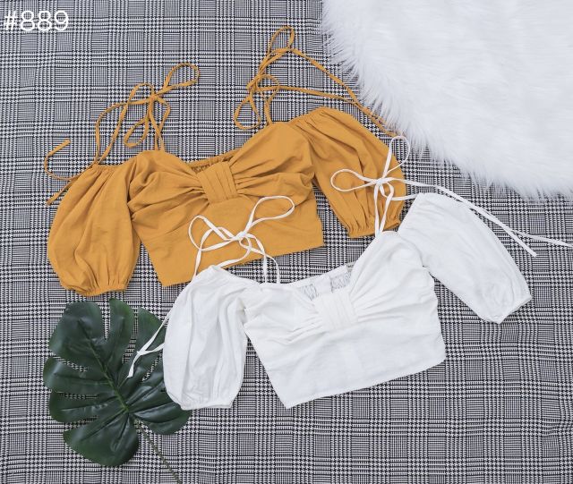 Áo crop nhún ngực cột nơ vai tay phồng