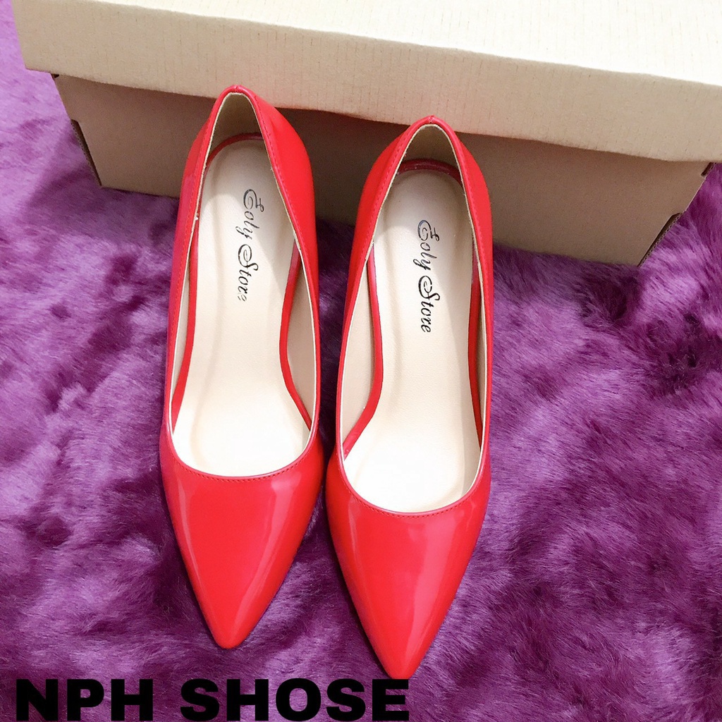 Giày Cao Gót Bít Mũi 7P Màu Đỏ, Đế Pháp Da Bóng - Giày Gót Nhọn Công Sở (NPH SHOSE)