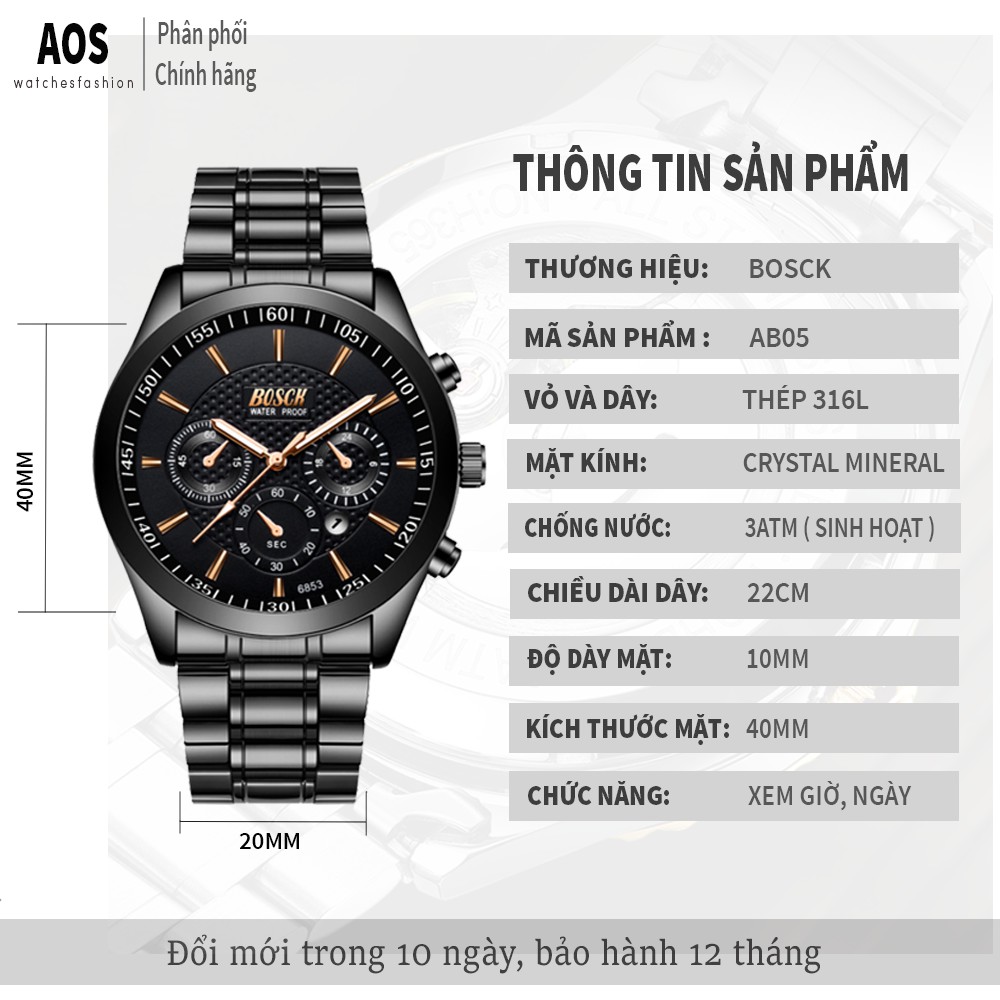 Đồng hồ nam rẻ đẹp BOSCK chính hãng, lên tay tuyệt đẹp, kính chống trày xước tốt ( Tặng tỳ hưu, tháo mắc, Mã: AB05 ) | BigBuy360 - bigbuy360.vn