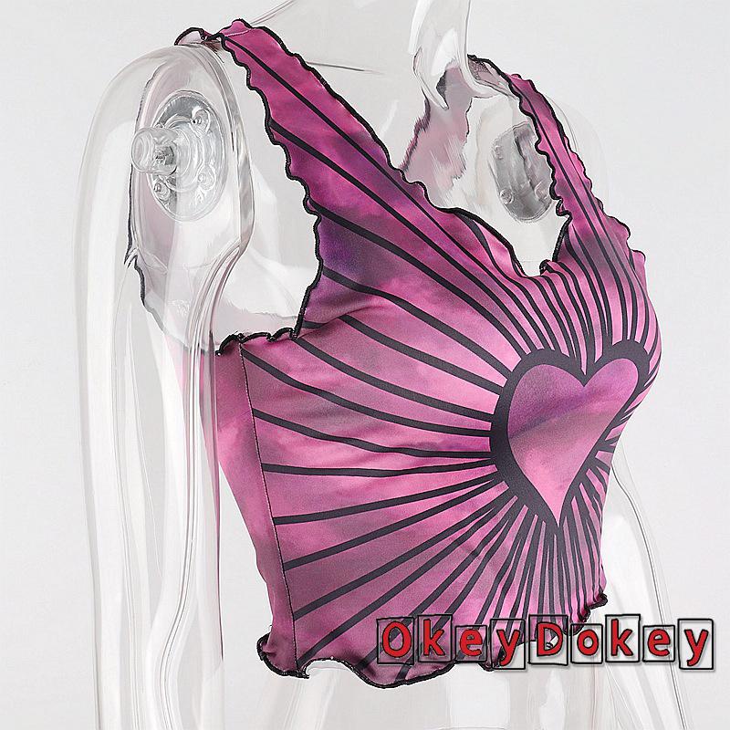 Áo croptop cổ chữ U ôm dáng in họa tiết trái tim quyến rũ cho nữ