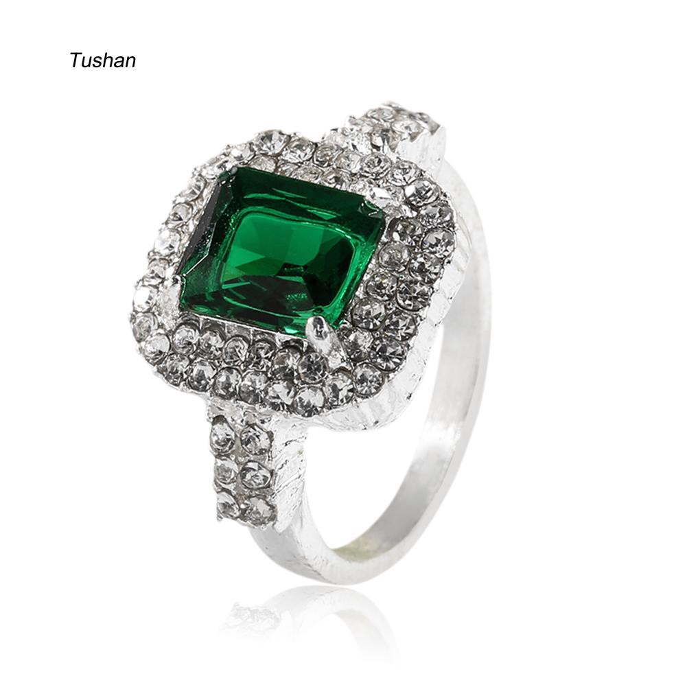 Nhẫn Cưới Mạ Bạc Đính Đá Zircon Màu Xanh Lá Cây Thời Trang Cho Nữ