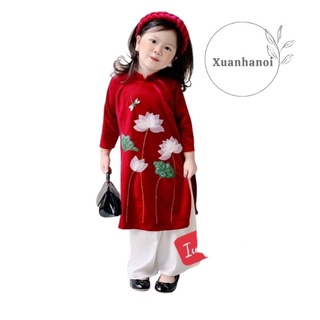 Áo dài cách tân hoa sen kèm mấn bé gái diện tết XHN825