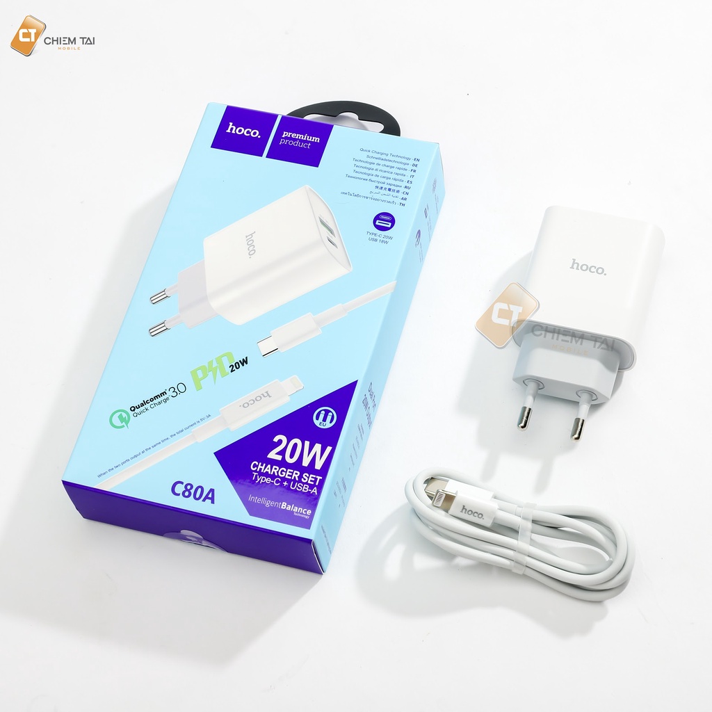 Bộ cốc kèm cáp sạc nhanh PD, QC3.0 20W Hoco C80A