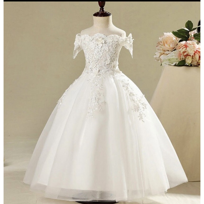 Váy công chúa bé gái thiết kế cao cấp cho bé đi dự tiệc phù dâu tùng dài siêu xòe sát nách màu trắng DBG093