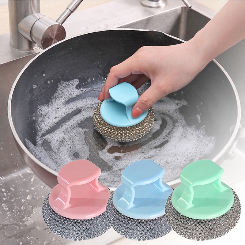 Cọ chà nồi xoong búi thép không gỉ tròn có tay cầm ngắn tiện lợi cho nhà bếp
