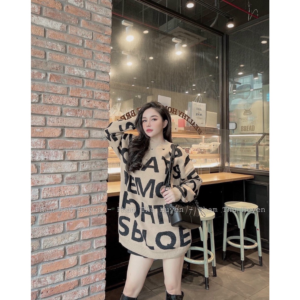 áo len nữ form rộng, áo len nữ họa tiết chữ cá tính phom oversize rộng dấu quần chất len dày dặn bo viền xịn sò hàng hot