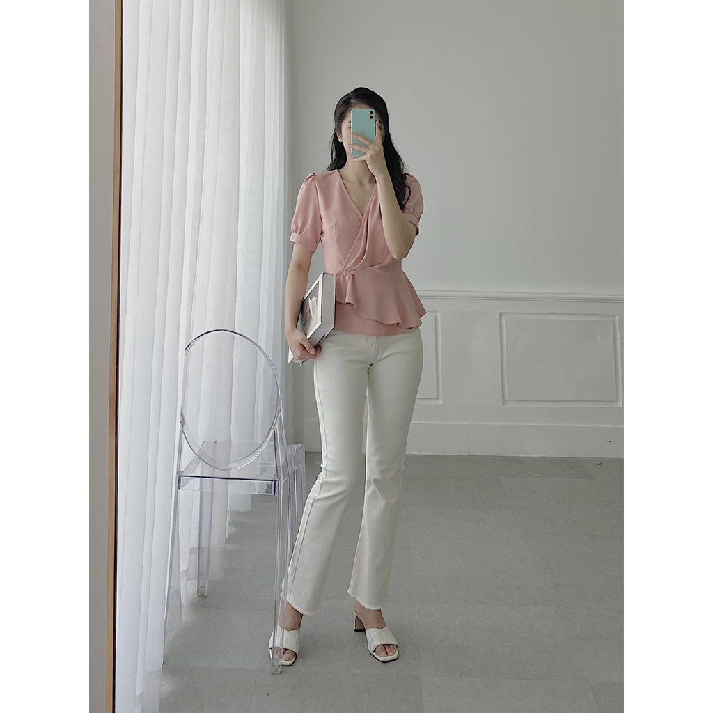 Áo sơ mi cổ V dáng peplum xòe cộc tay - áo sơ mi công sở nữ 087