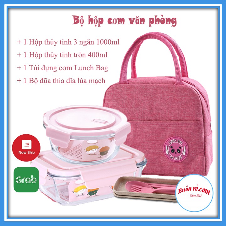 Combo cơm văn phòng: Hộp thủy tinh 3 ngăn 1000ml / Hộp thủy tinh tròn 400ml / Túi đựng cơm Lunch Bag / Bộ đũa+thìa+dĩa