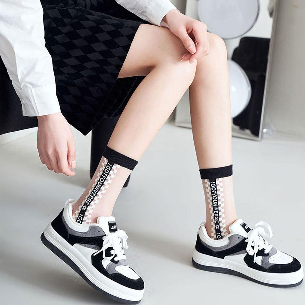 QQMALL Vớ Lụa Xuyên Thấu Họa Tiết Kẻ Sọc / Bông Hoa Thanh Lịch Phong Cách Harajuku