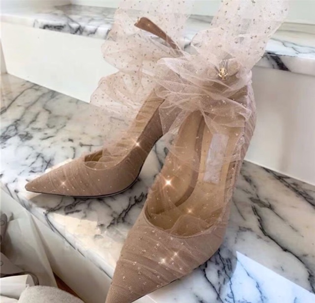 Sẵn 37-9cm❤️  Giày cao gót dự tiệc lưới lấp lánh