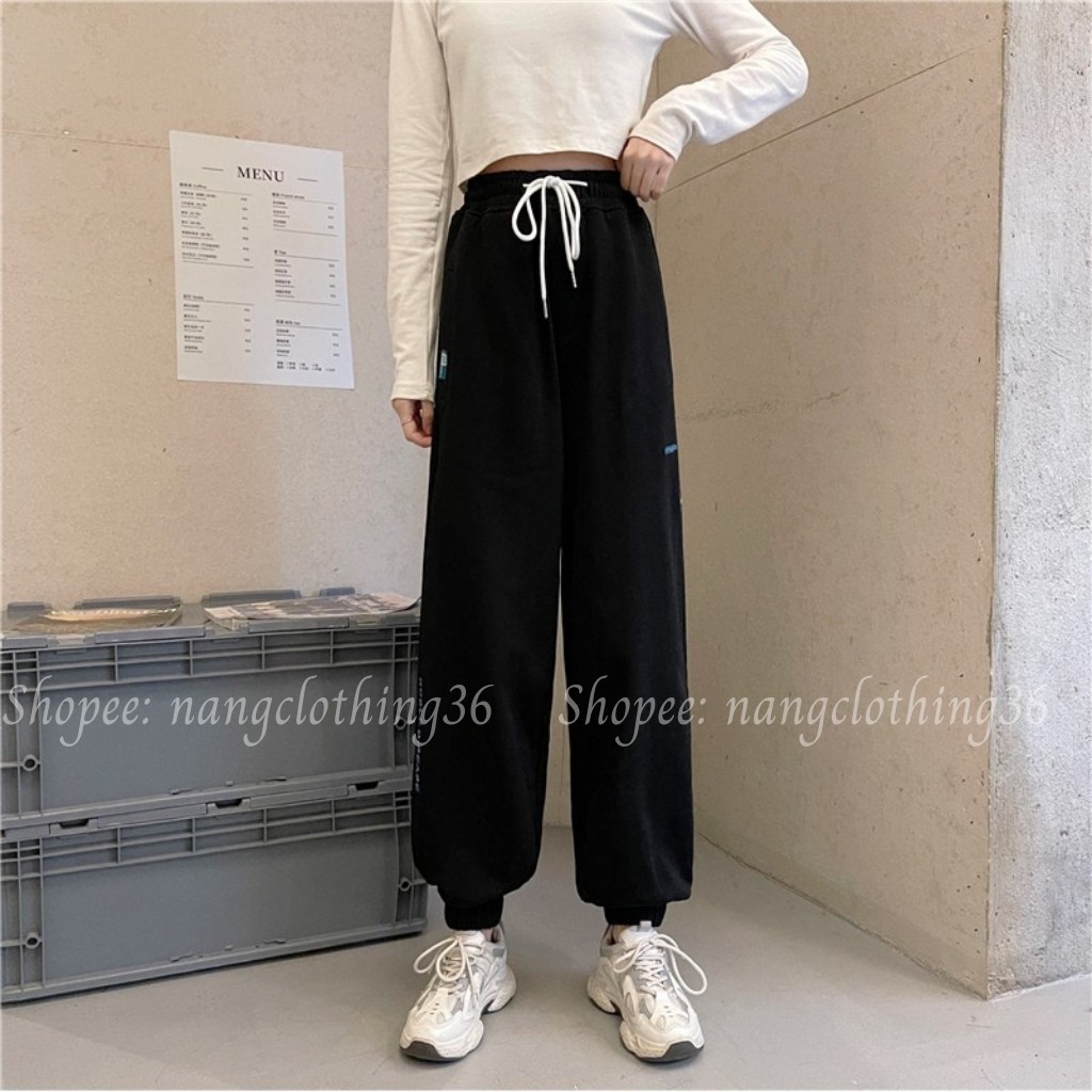 Quần Jogger Ống Rộng Thêu Chân Chất Thun Xịn Dày Ống Bo Chun Hình Chữ Thêu Form Rộng Dài 95cm