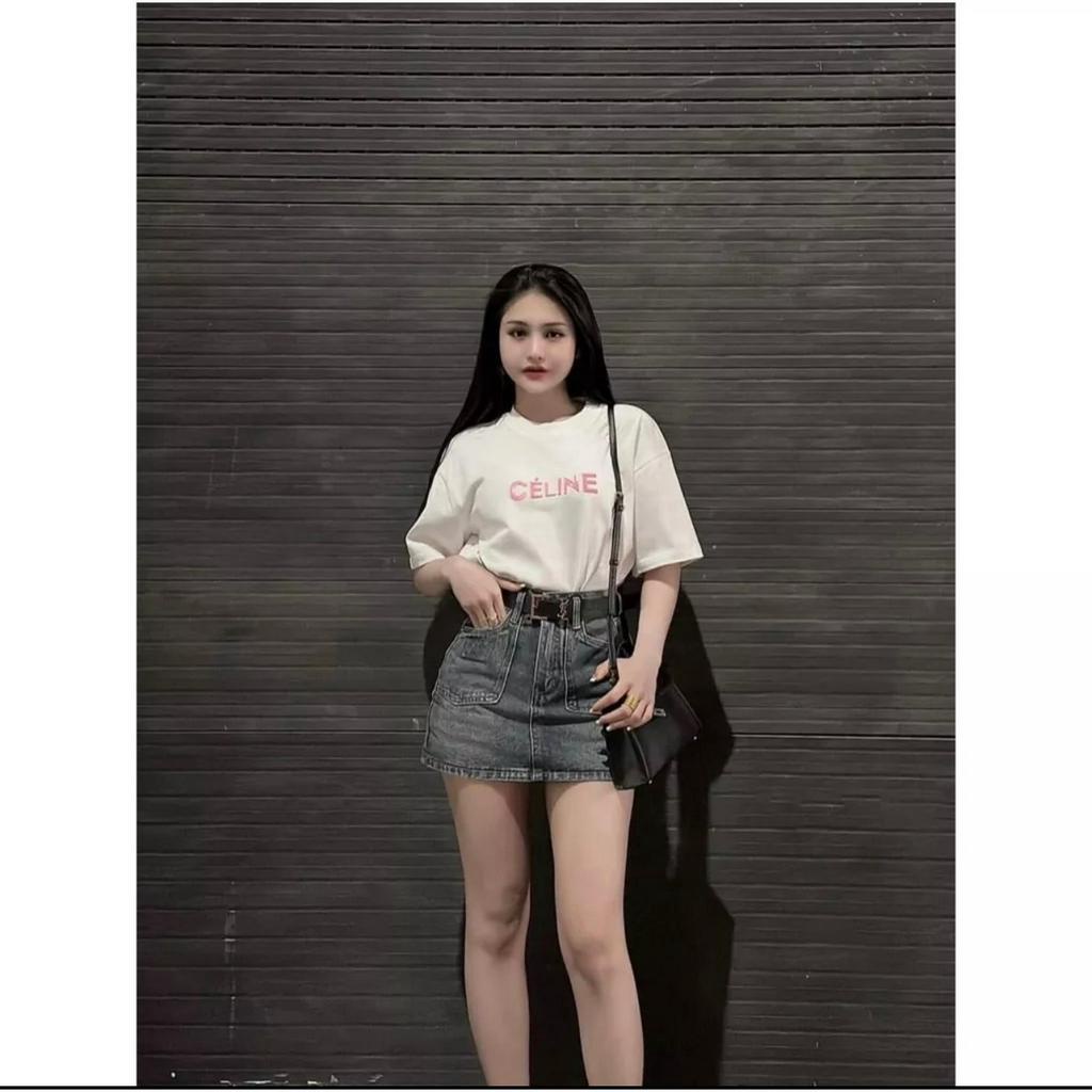 Chân váy jeans chữ A ngắn lưng cao  hai túi trước phong cách TA-7069