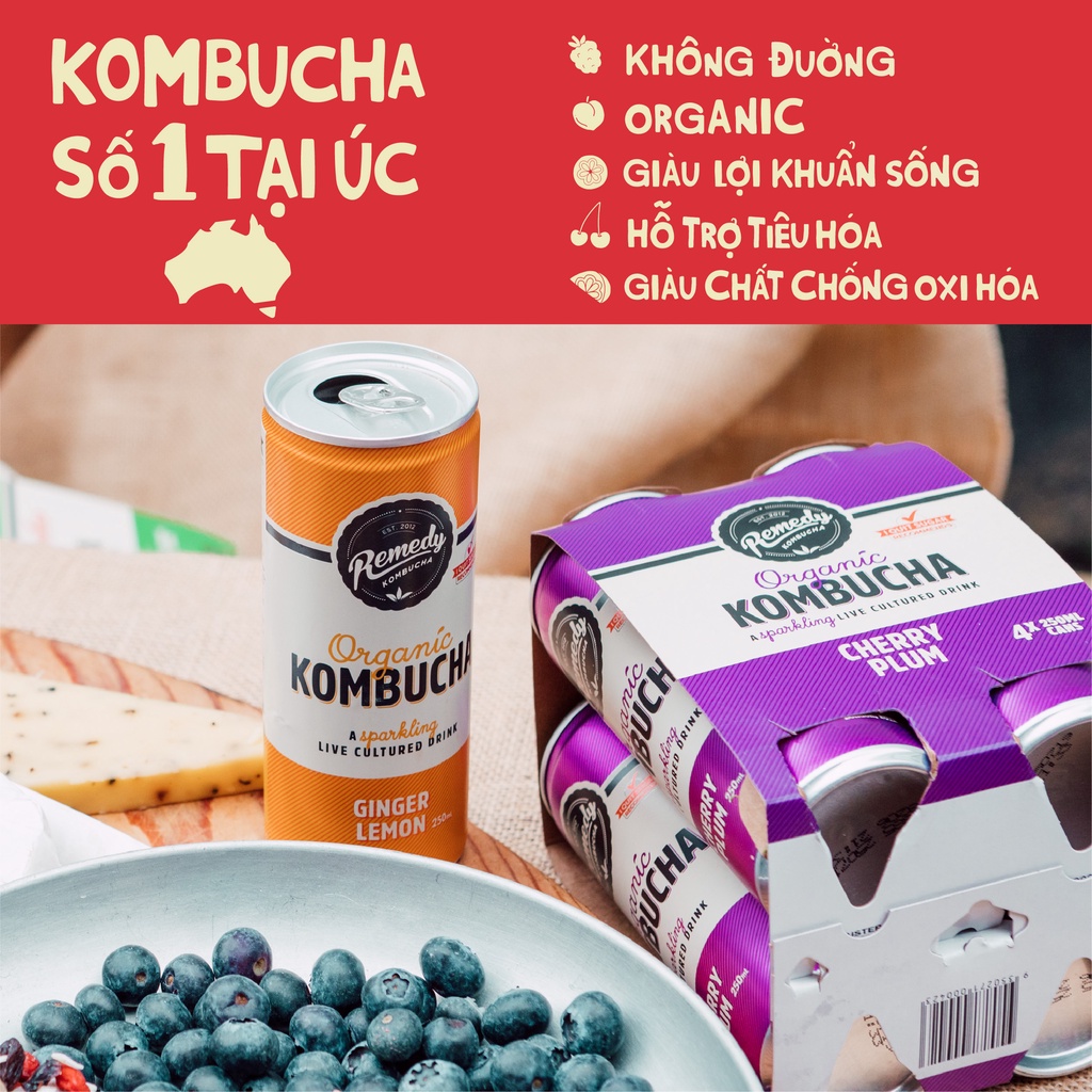 Lốc 4 lon Trà Kombucha có ga chanh mâm xôi Remedy Organic Kombucha Raspberry Lemonade 250ml
