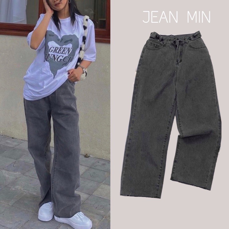 Quần Simple Jean Ống Rộng Rách Gấu Đen Unisex