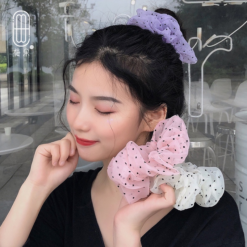 Dây buộc tóc vải tuyn cỡ lớn họa tiết chấm bi dễ thương