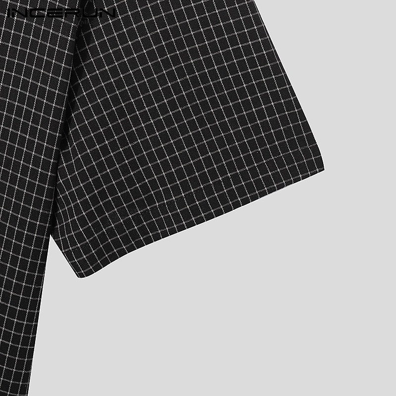 Incerun Áo Sơ Mi Cotton Ngắn Tay Cổ Đứng Cài Nút Kẻ Sọc Caro Cho Nam