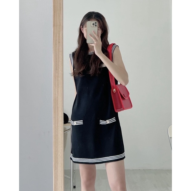 VN839 - VÁY LEN SUÔNG SÁT NÁCH CỔ TAY VIỀN 2 TÚI