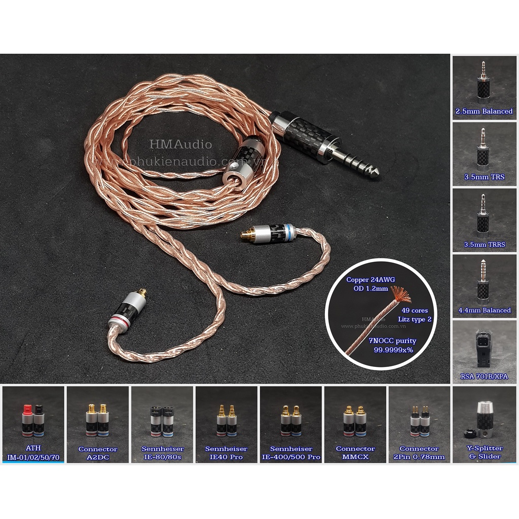 Dây tai nghe đồng 7N OCC Litz 24AWG 1.2mm tết 4 - Connetor IM03/50/70 A2DC IE80/80s IE40Pro IE100/400/500 IE300/900 2Pin
