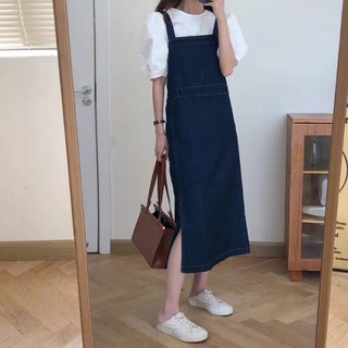 Set Váy Yếm Jean Xẻ Dáng Dài