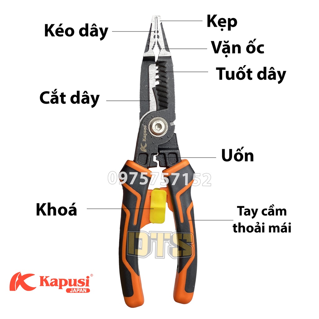 Kìm cắt tuốt dây điện đa năng Nhật Bản 6 trong 1 hãng Kapusi JAPAN 210mm, kìm điện đa năng  K-9102