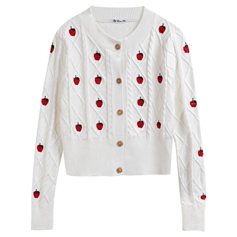 Áo khoác len cardigan tay dài thêu hình quả dâu tây thời trang cho nữ
