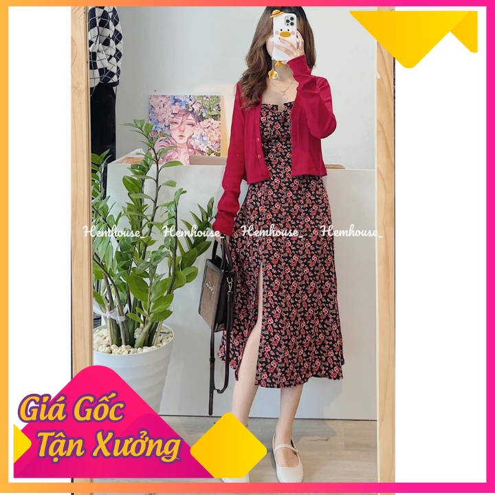 Váy 2 Dây Hoa Nhí/ Áo Khoác Nhung Tăm Đỏ 💖𝑭𝑹𝑬𝑬𝑺𝑯𝑰𝑷💖 Mix Họa Tiết Hoa Cực Xinhhhh ( Ảnh Thật )
