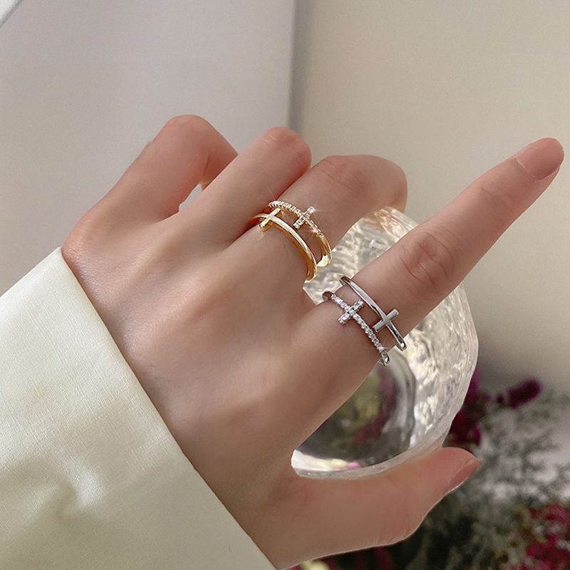 Nhẫn Hở Hai Lớp Hình Học Chéo Màu Sắc Tối Giản Tùy Chỉnh Thời Trang Cho Nữ