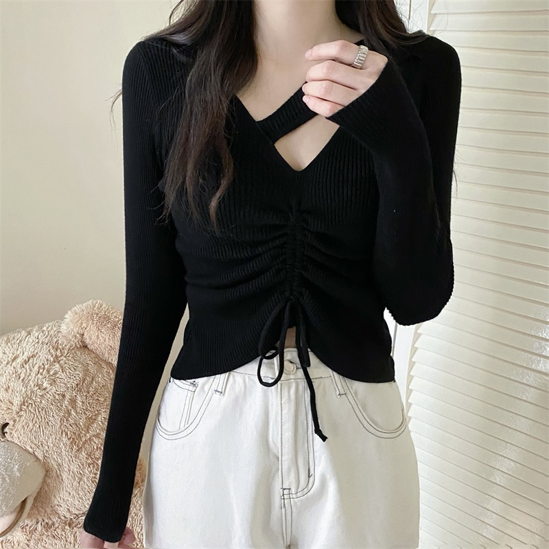 Áo Dệt Kim Cổ Chữ v Dáng Ngắn Phối Dây Rút Phong Cách Thời Trang Hàn Quốc Dành Cho Nữ