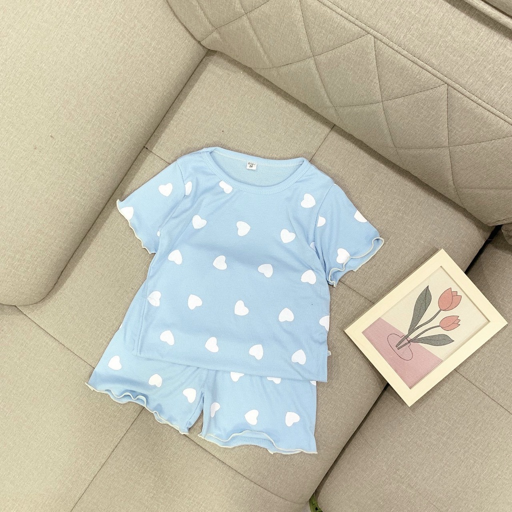 Bộ cotton tăm trái tim mặc ở nhà cho bé gái 20-30kg