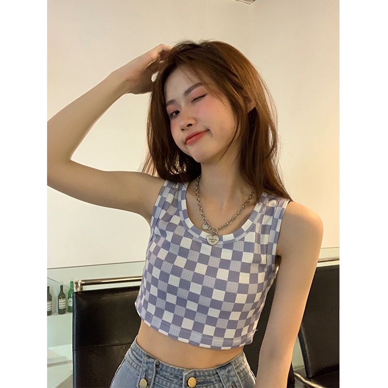 DUNEA Áo Tank Top In Họa Tiết Caro Quyến Rũ Cho Nữ