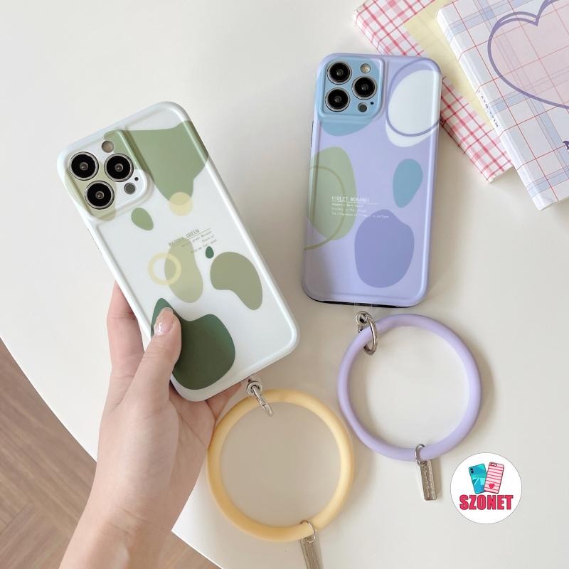 Ốp Điện Thoại Silicon Mềm Họa Tiết Hình Học Màu Matcha Kèm Dây Đeo Cho iPhone 14 13 12 11 Pro Max Plus